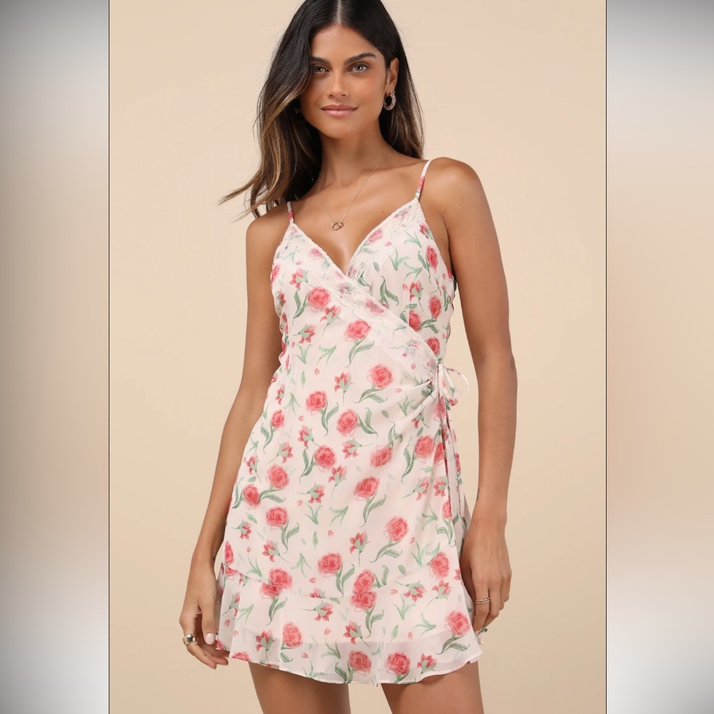 Lulu's Marli Beige Floral Lace Wrap Mini Dress - Picture 1 of 5